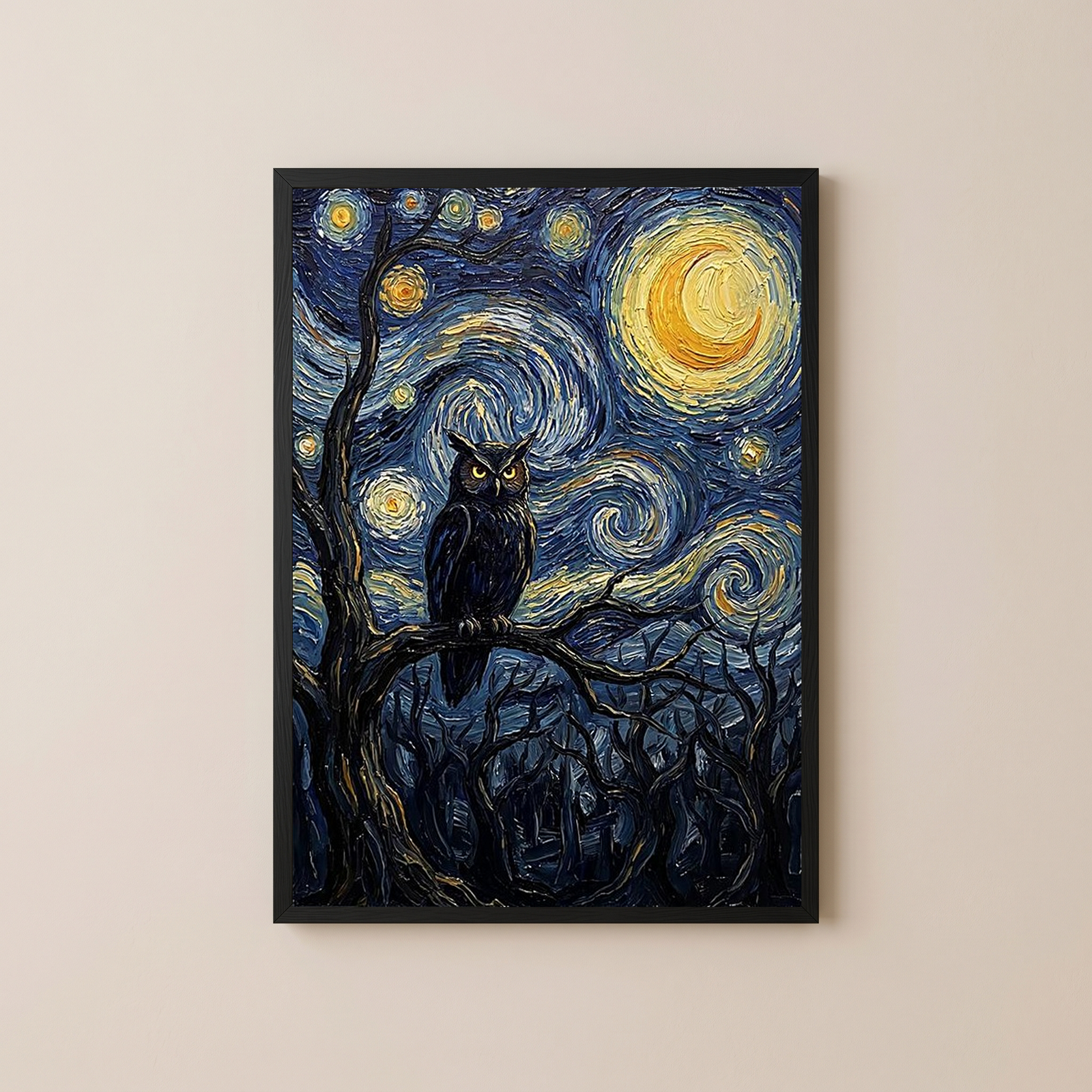 Wise Owl Starry Night Print — Van Gogh-Style Mystical Forest Wall Art