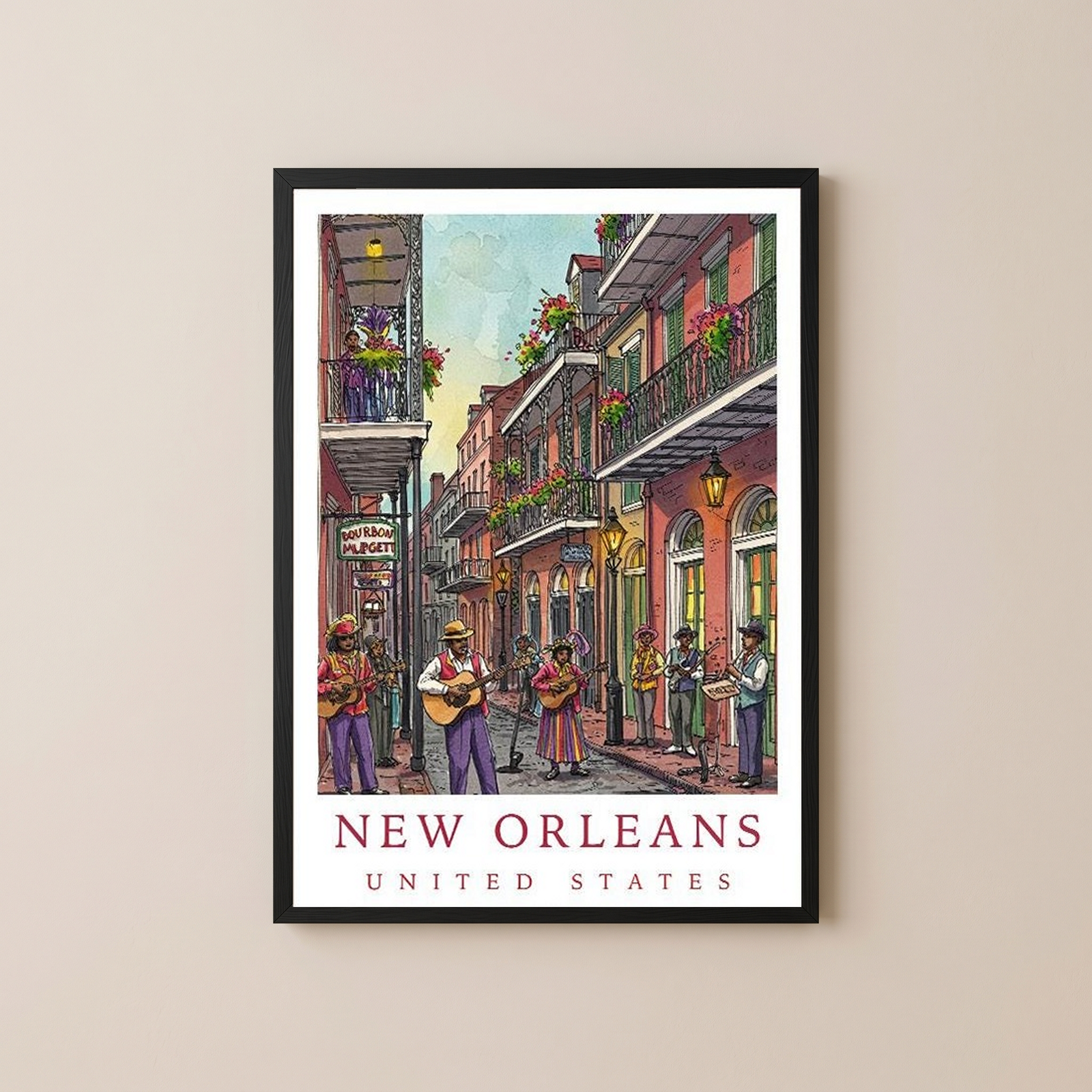 New Orleans Travel Poster — French Quarter Jazz Buskers Street Print