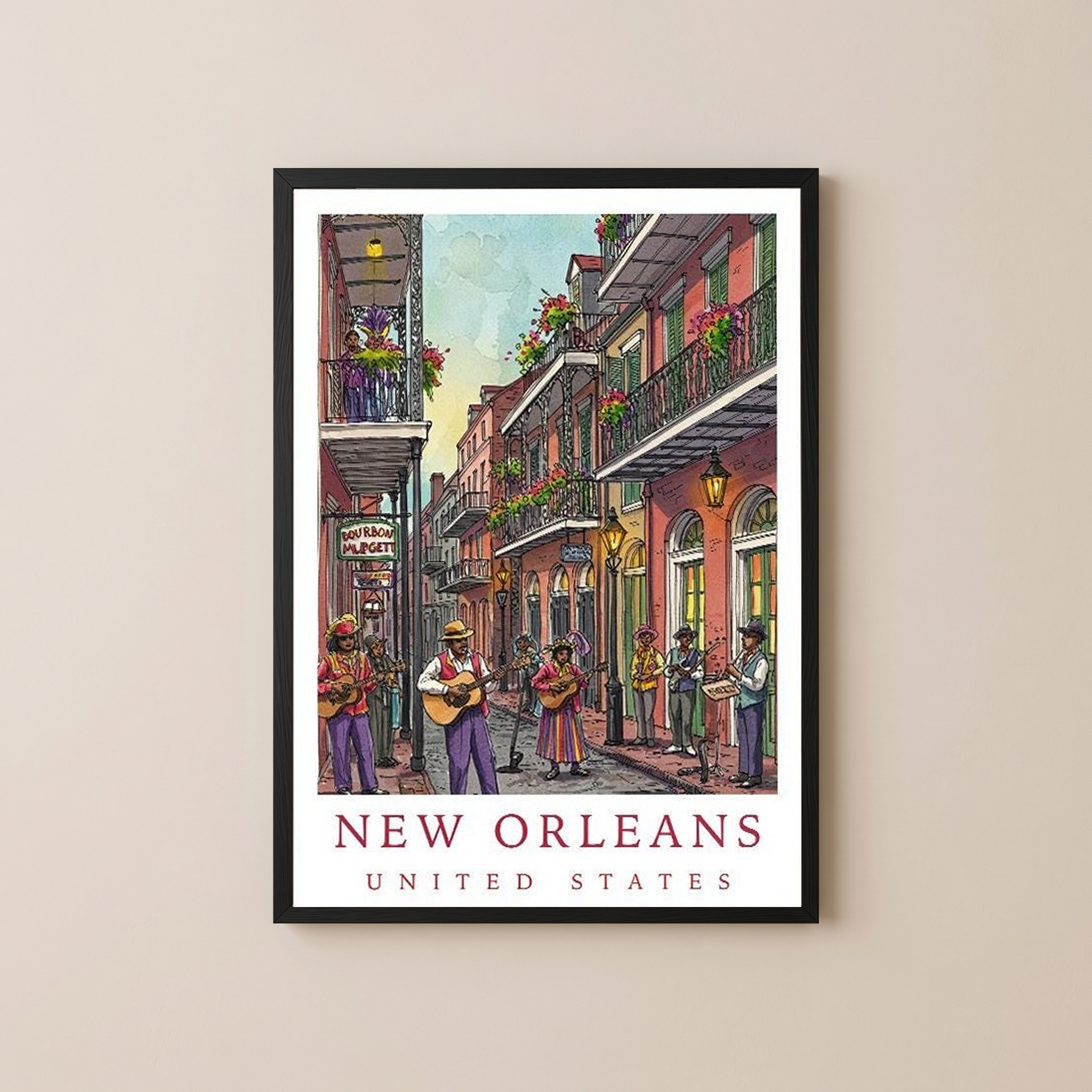 New Orleans Travel Poster — French Quarter Jazz Buskers Street Print