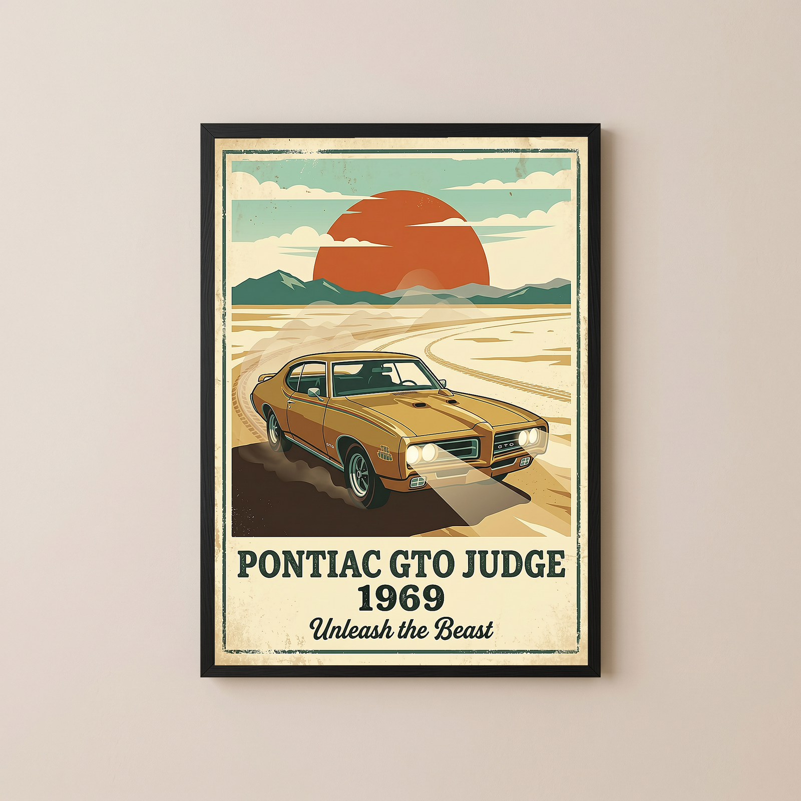 Pontiac GTO Judge 1969 V2 Poster — Vintage Muscle Car Desert Sunset Print