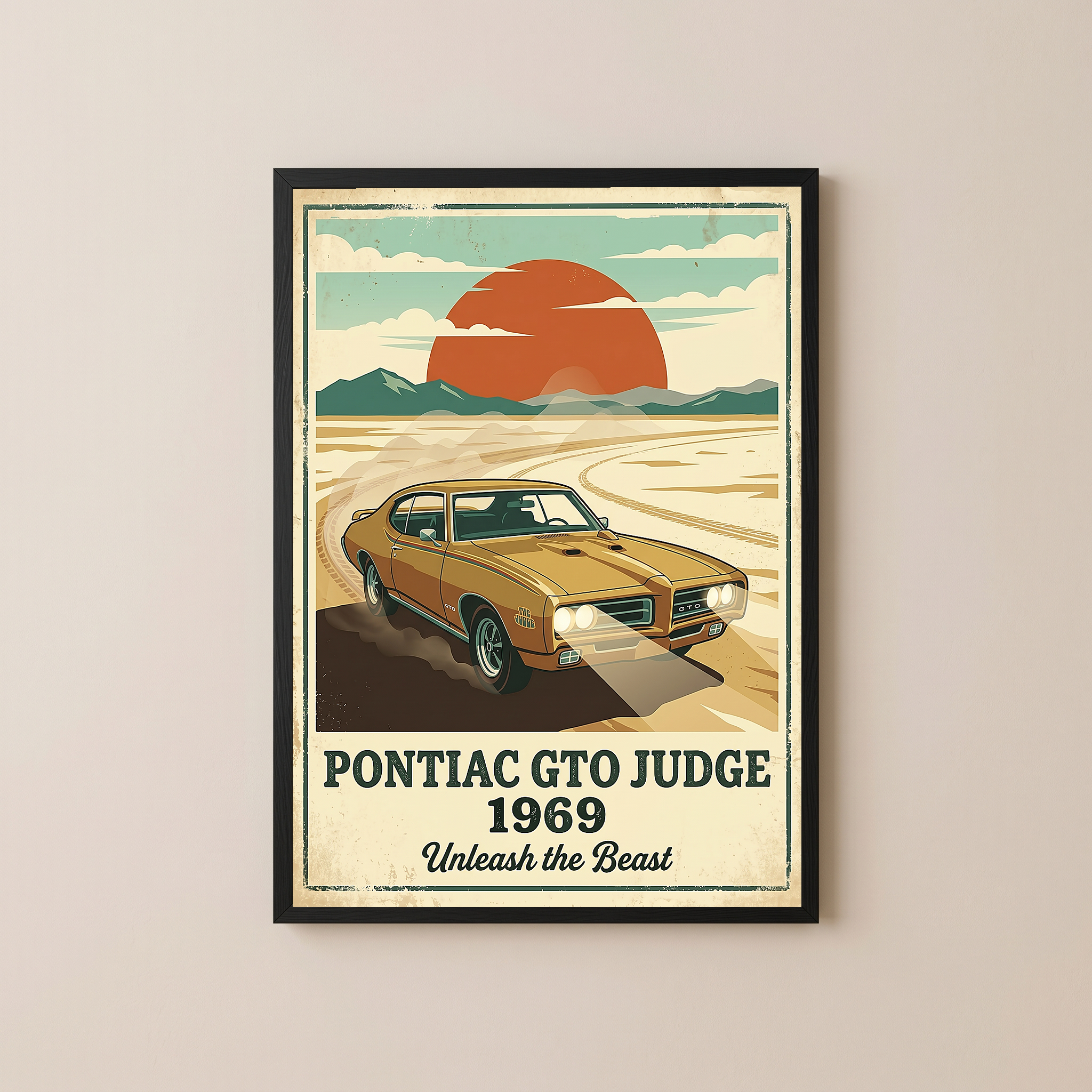 Pontiac GTO Judge 1969 V2 Poster — Vintage Muscle Car Desert Sunset Print