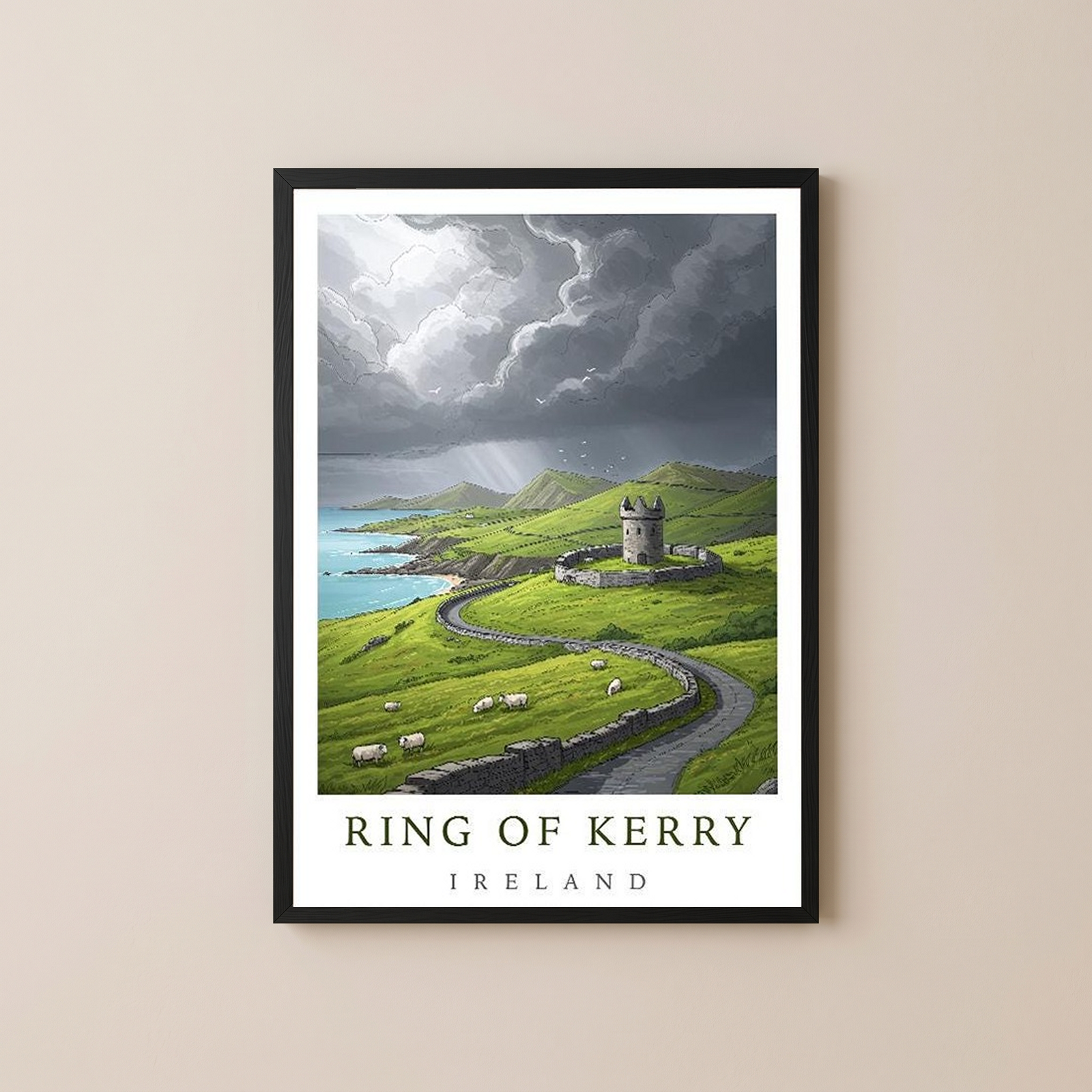 Ring of Kerry Ireland Travel Poster — Coastal Castle Sheep Stone Wall Print
