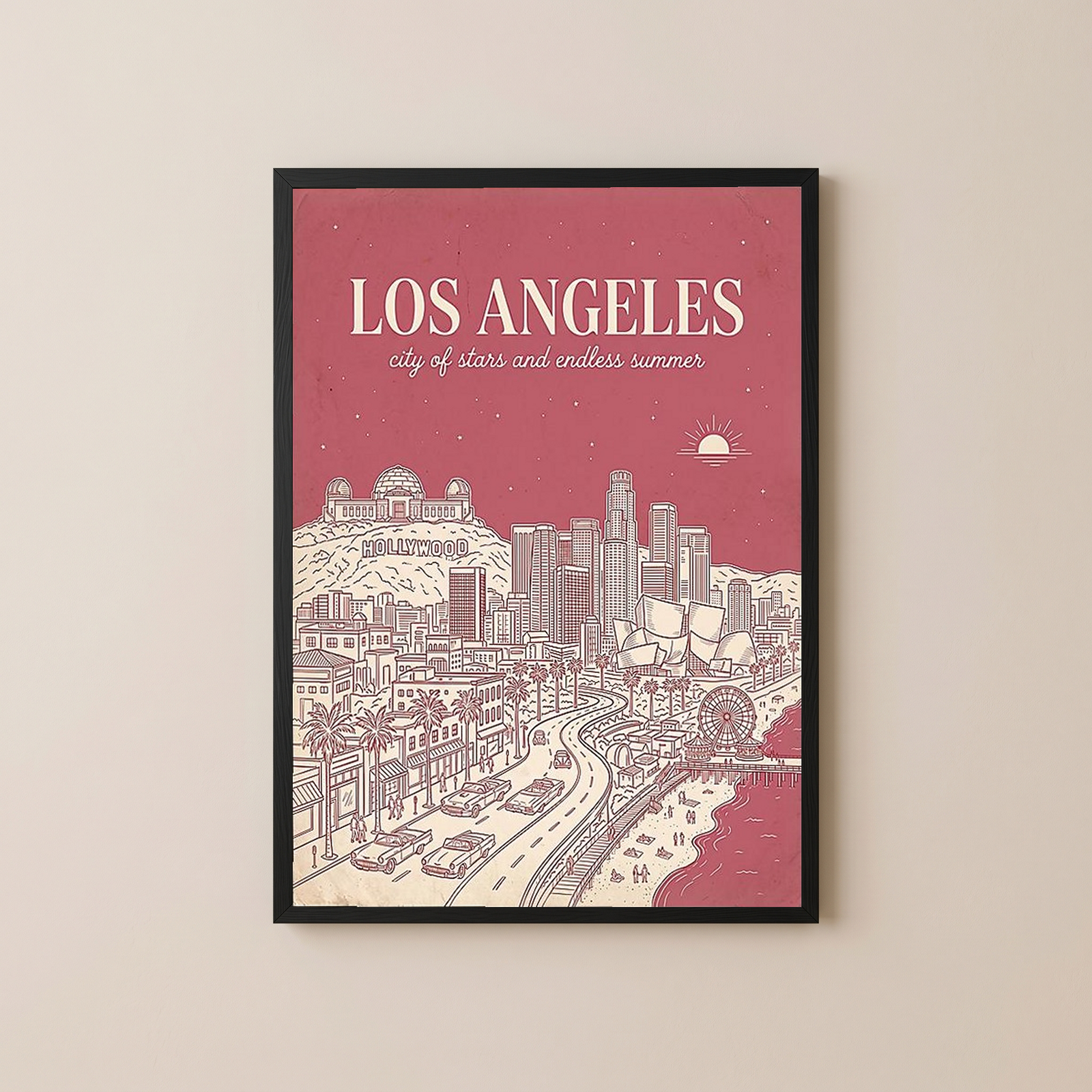 Los Angeles Line Art Print — Pink Hollywood Sign Downtown Skyline Wall Art