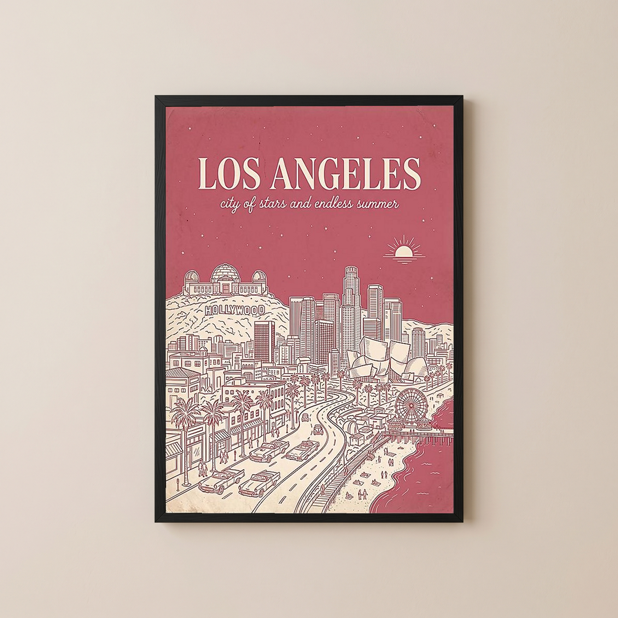 Los Angeles Line Art Print — Pink Hollywood Sign Downtown Skyline Wall Art
