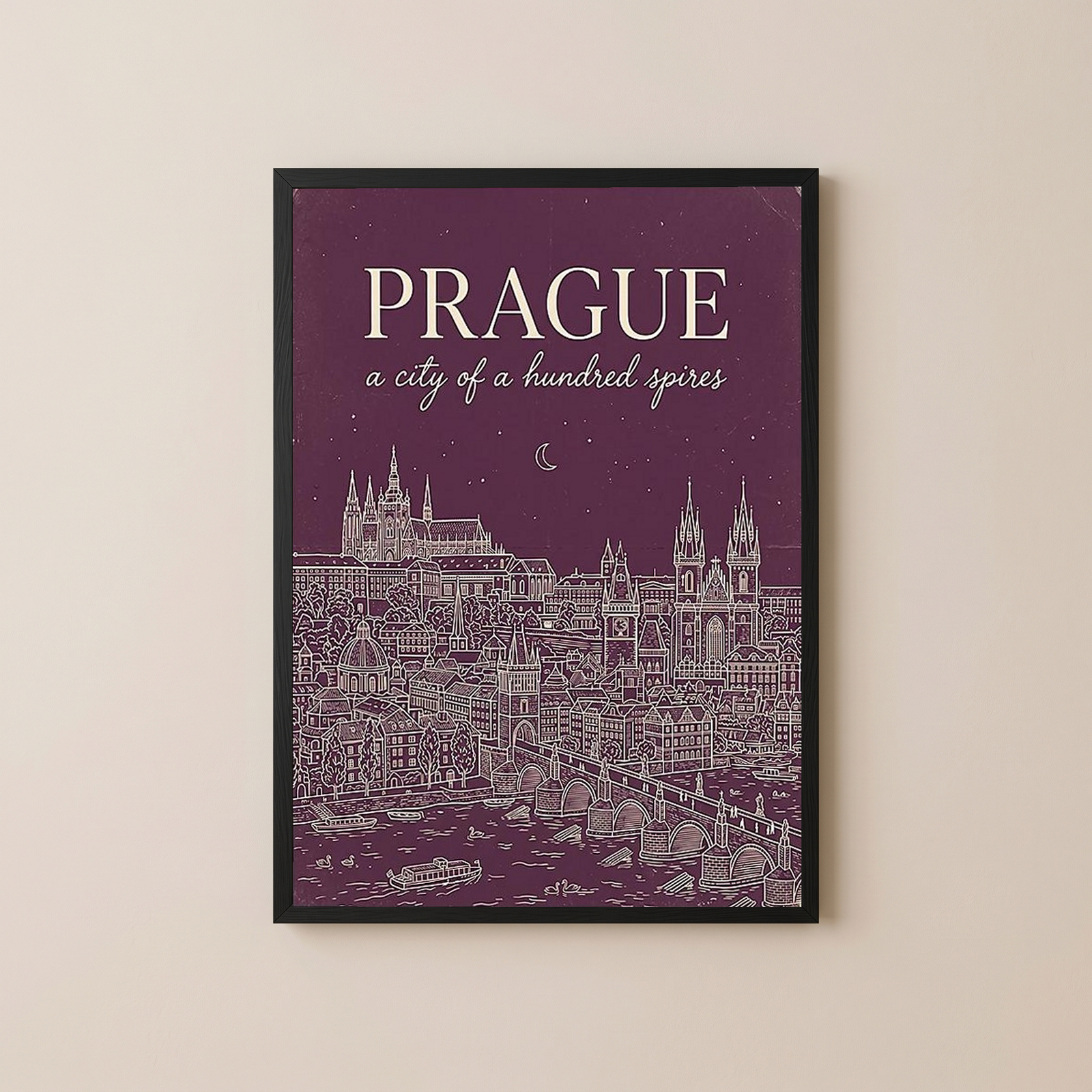 Prague Line Art Print — Plum Castle Charles Bridge Skyline Wall Art