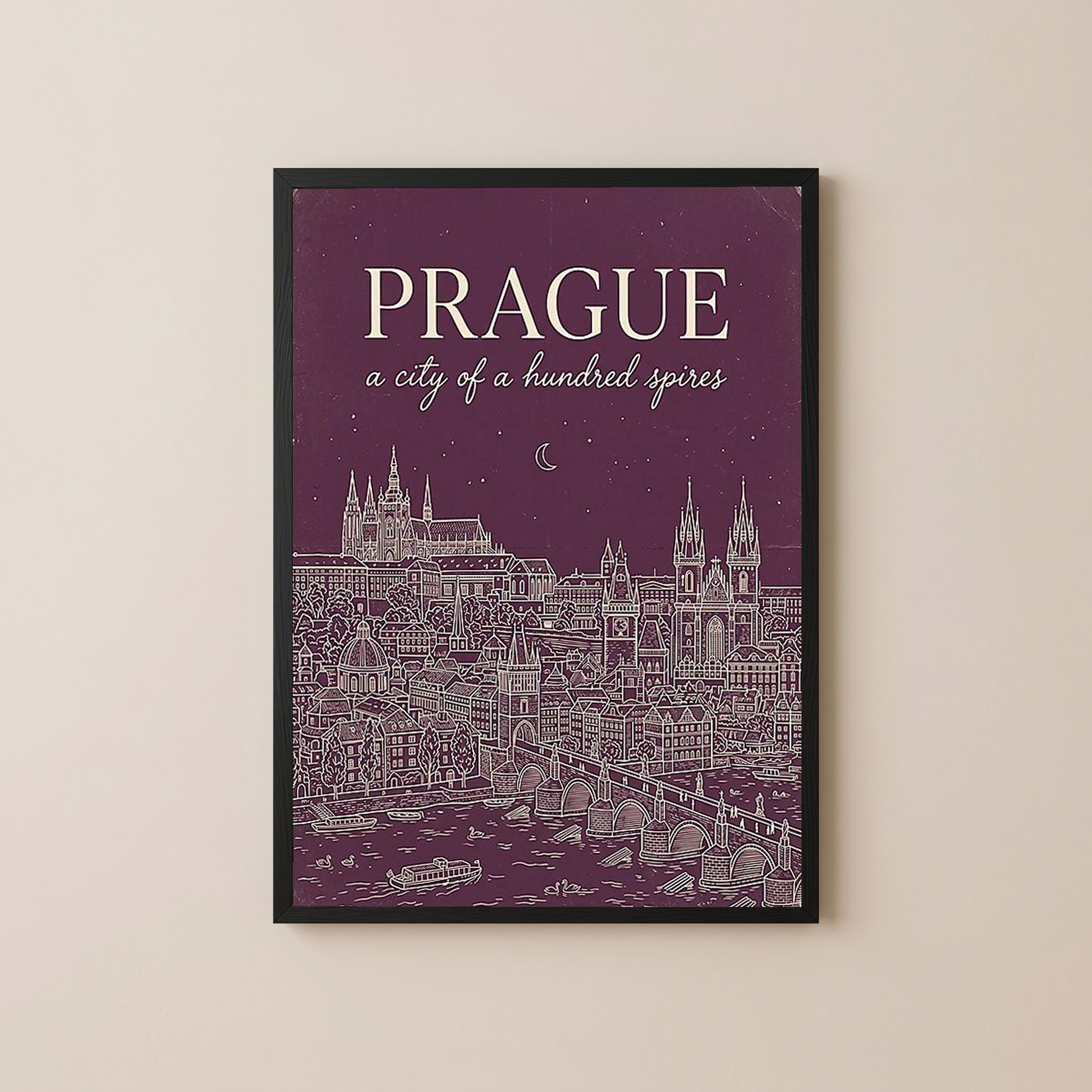 Prague Line Art Print — Plum Castle Charles Bridge Skyline Wall Art