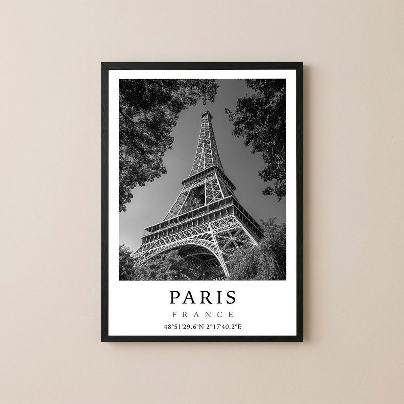 Paris Eiffel Tower Poster — Black and White France Coordinates Print
