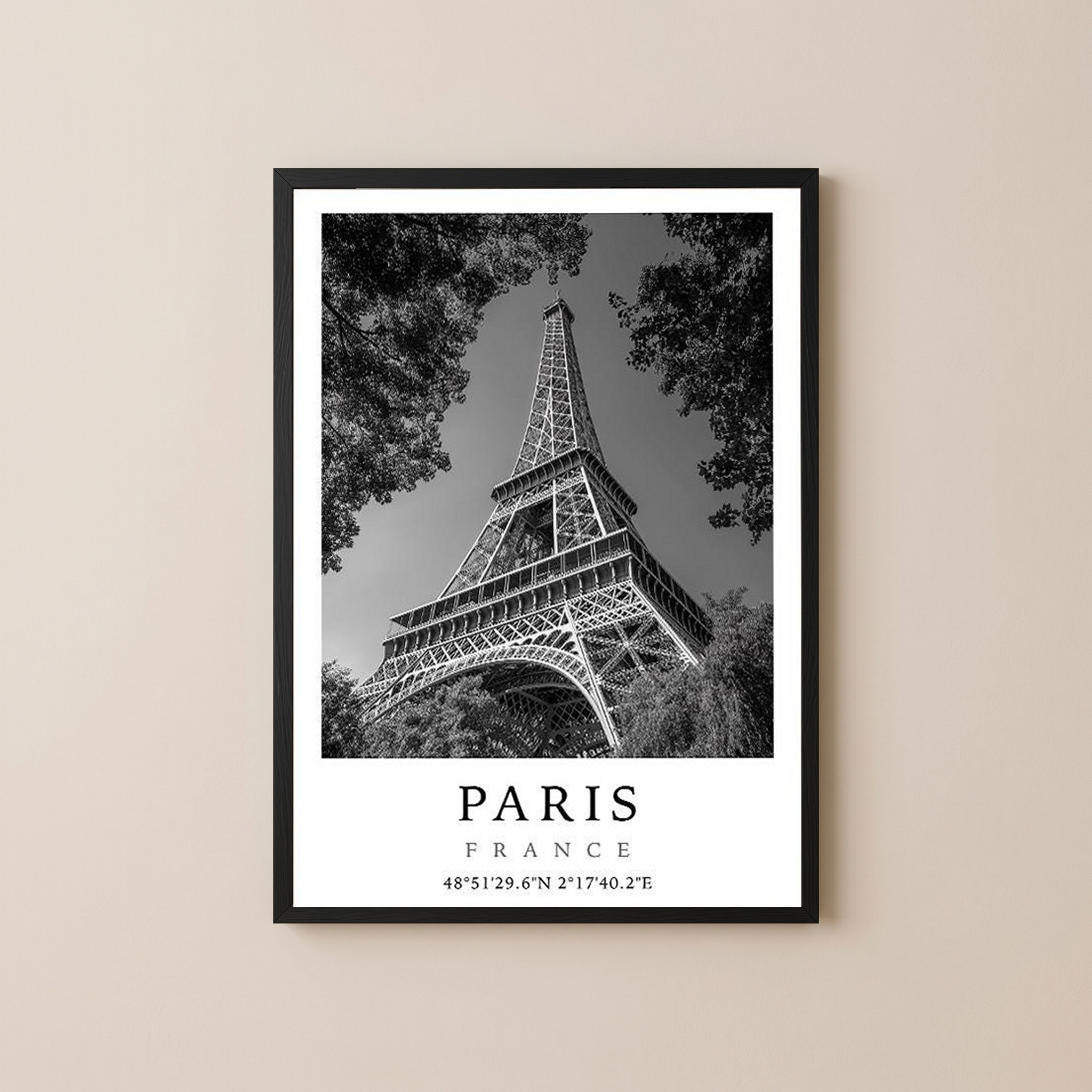 Paris Eiffel Tower Poster — Black and White France Coordinates Print