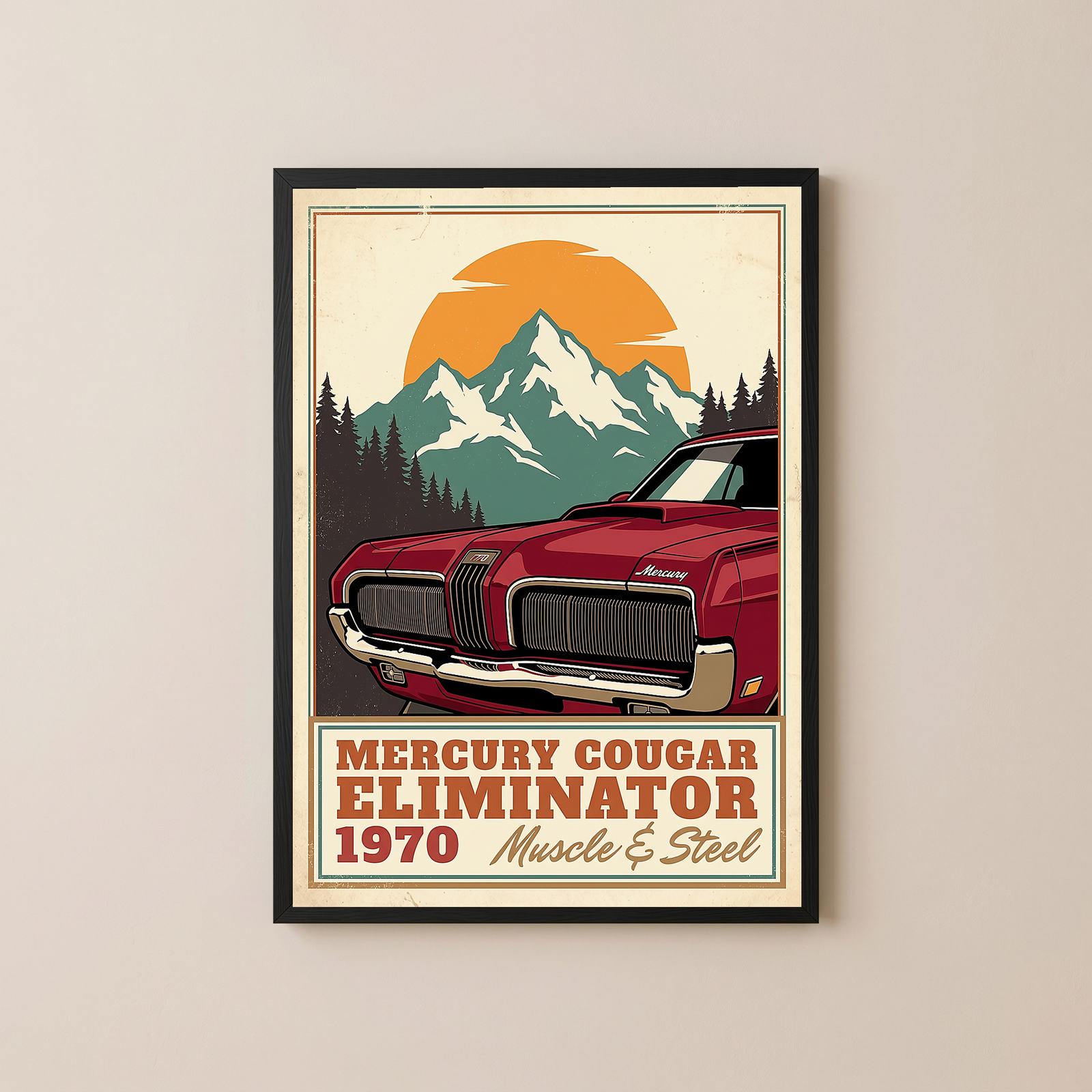 Mercury Cougar Eliminator 1970 V3 Poster — Vintage Muscle Front Grille Mountain Print