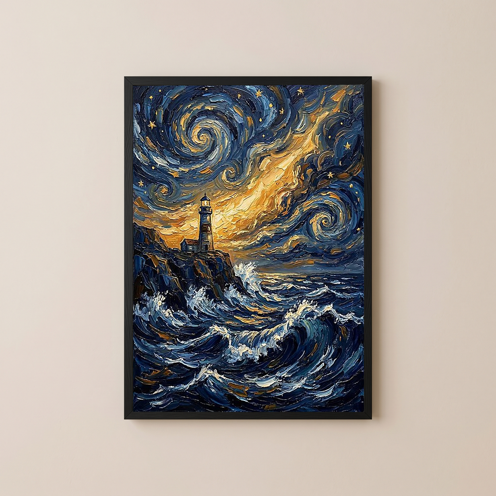 Lighthouse Stormy Sea Print — Van Gogh Starry Night Coastal Wall Art