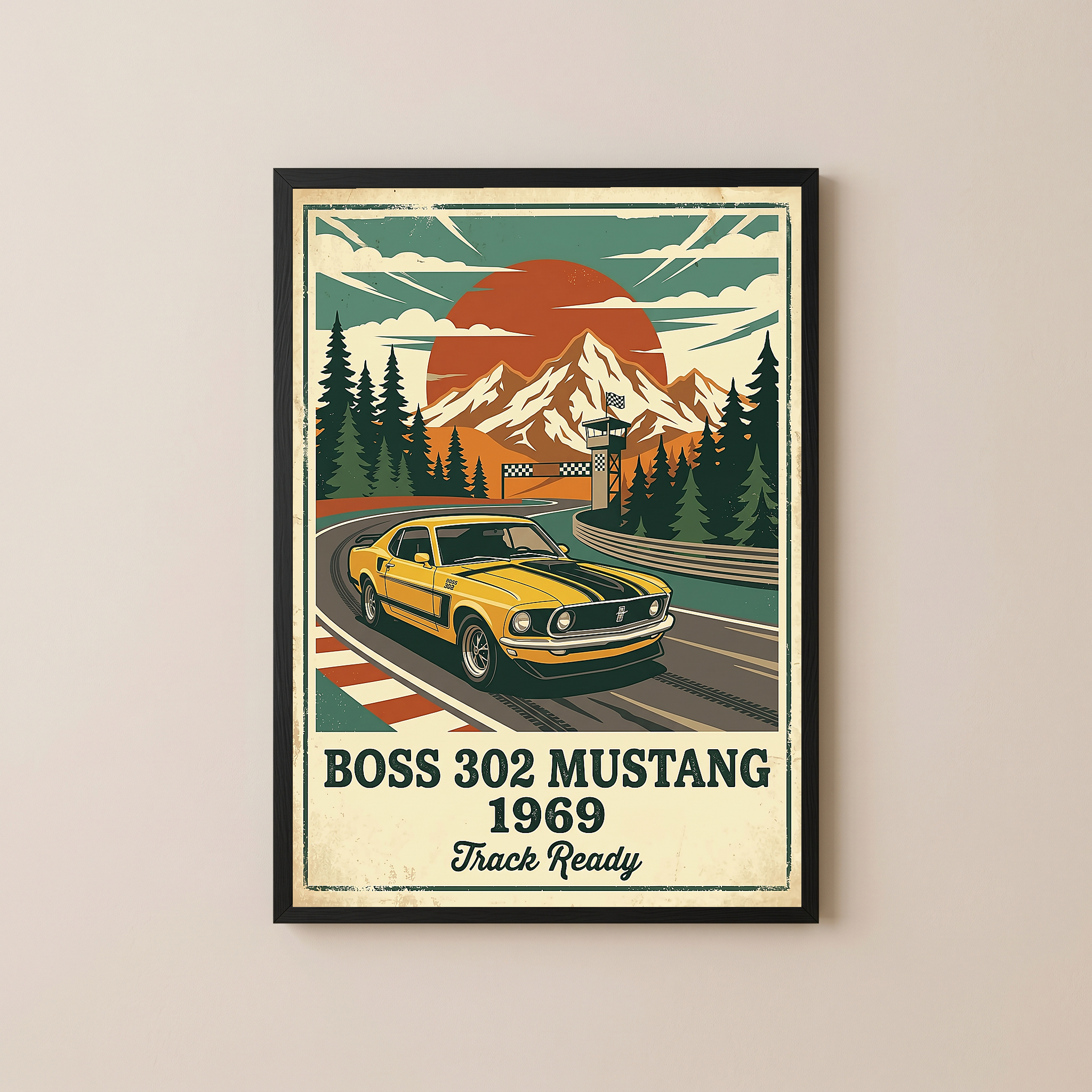 Boss 302 Mustang 1969 Poster — Vintage Muscle Car Race Track Print