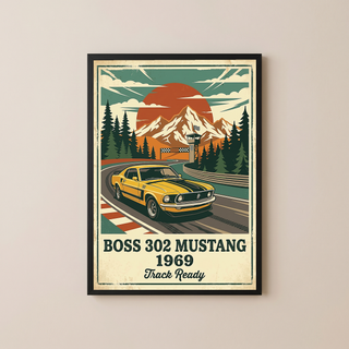 Boss 302 Mustang 1969 Poster — Vintage Muscle Car Race Track Print