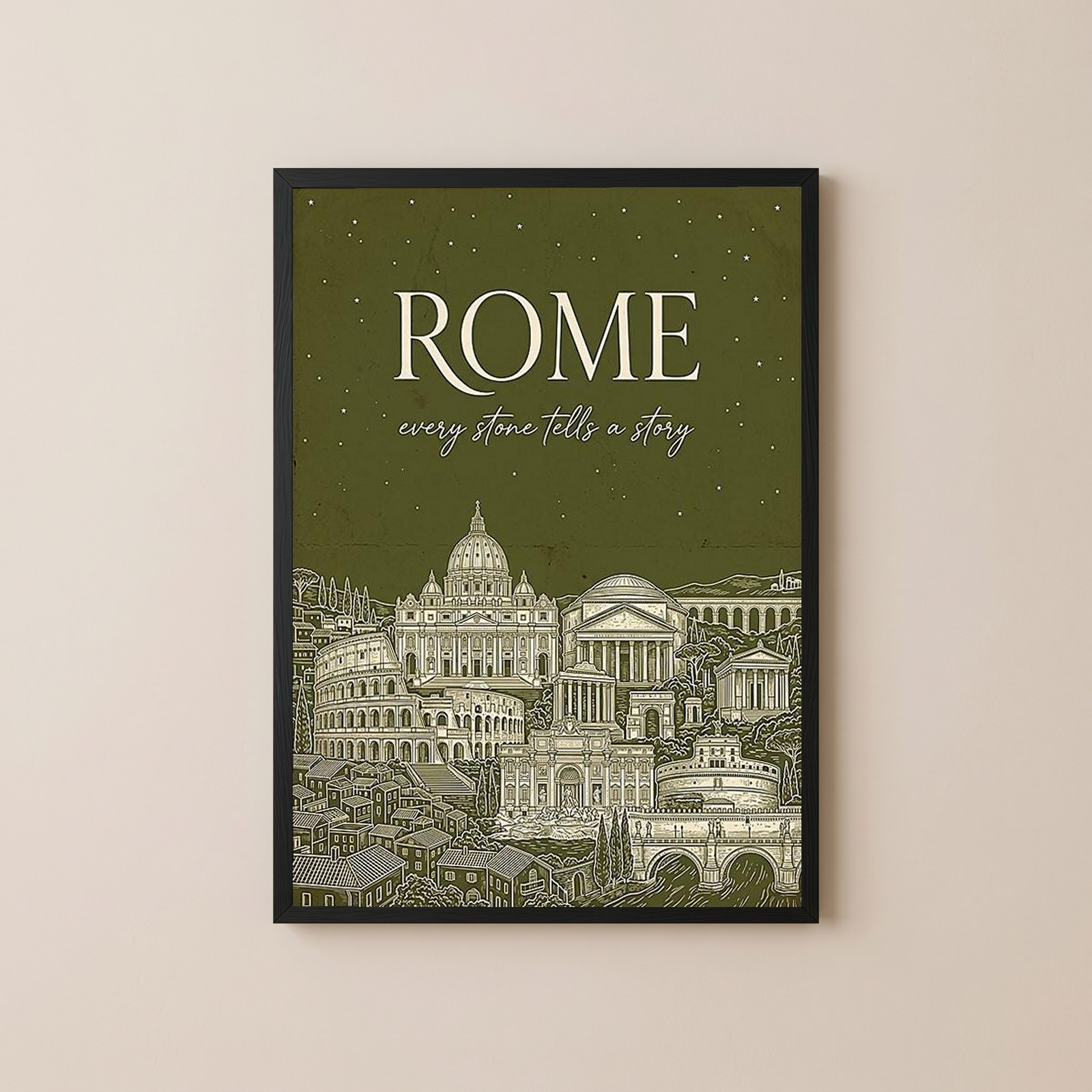 Rome Line Art Print — Olive Green Colosseum Vatican Skyline Wall Art