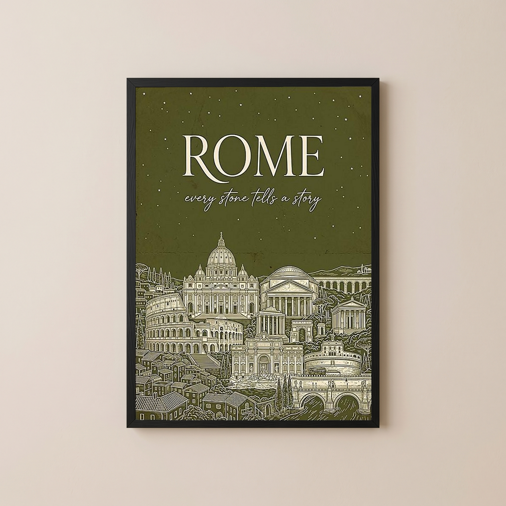 Rome Line Art Print — Olive Green Colosseum Vatican Skyline Wall Art