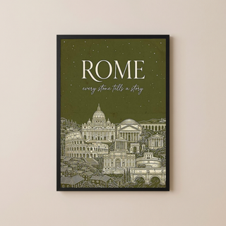 Rome Line Art Print — Olive Green Colosseum Vatican Skyline Wall Art