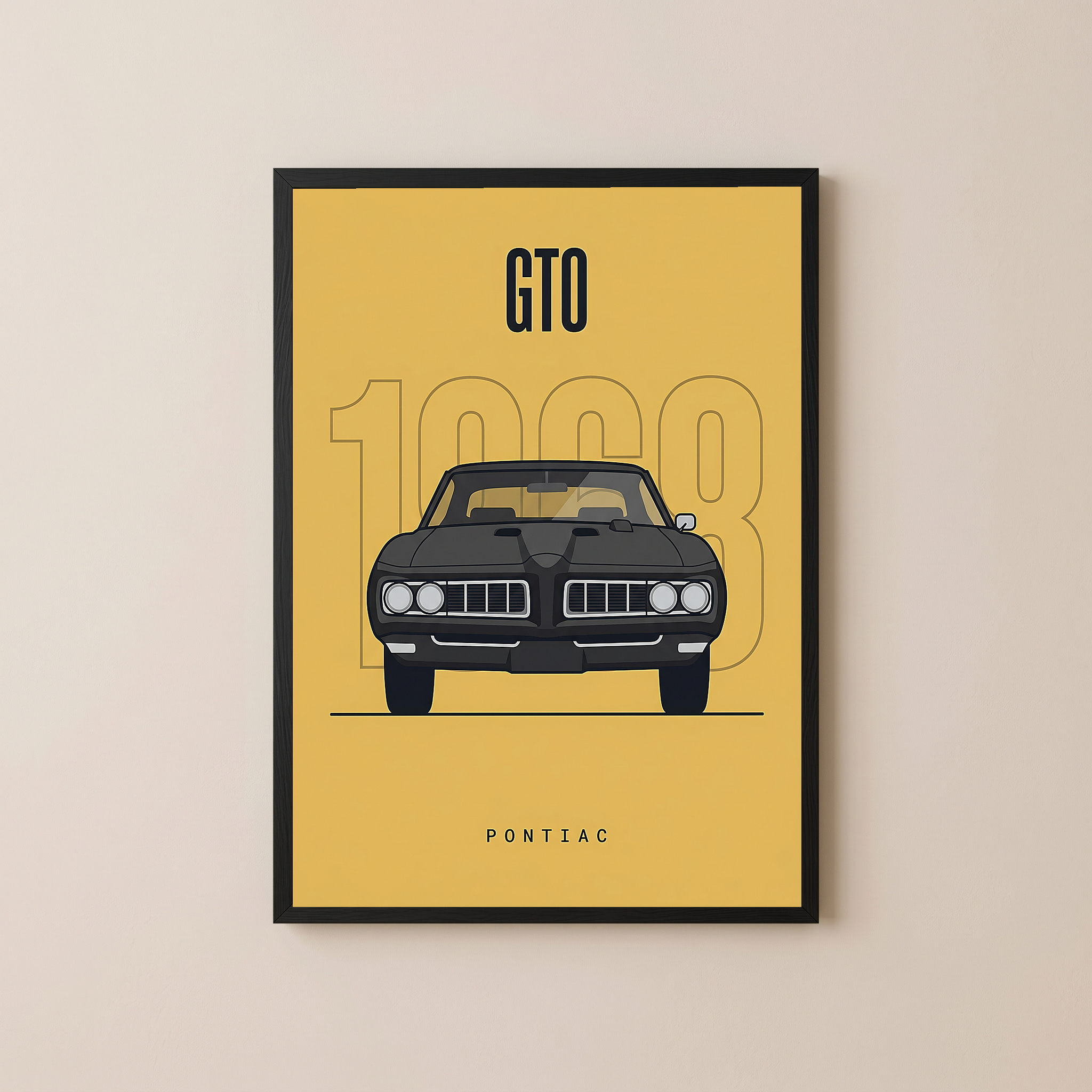 Pontiac GTO 1968 Minimalist Poster — Golden Yellow Muscle Car Line Art