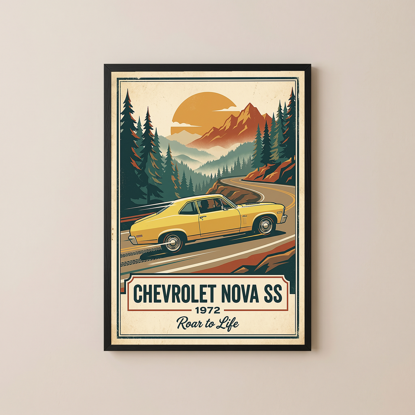 Chevrolet Nova SS 1972 V2 Poster — Vintage Muscle Mountain Pine Winding Road Print