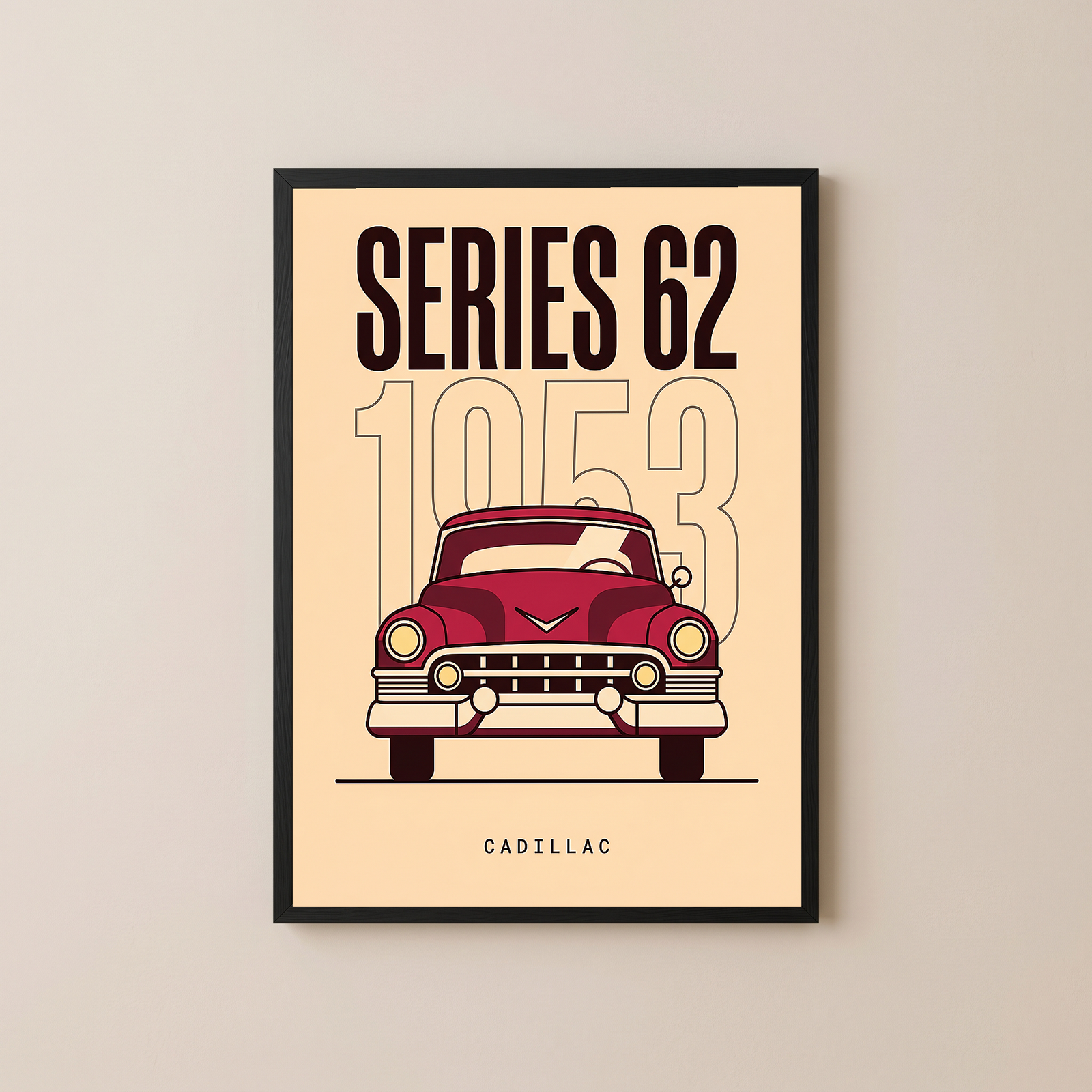 Cadillac Series 62 1953 Minimalist Poster — Cream Classic Car Line Art