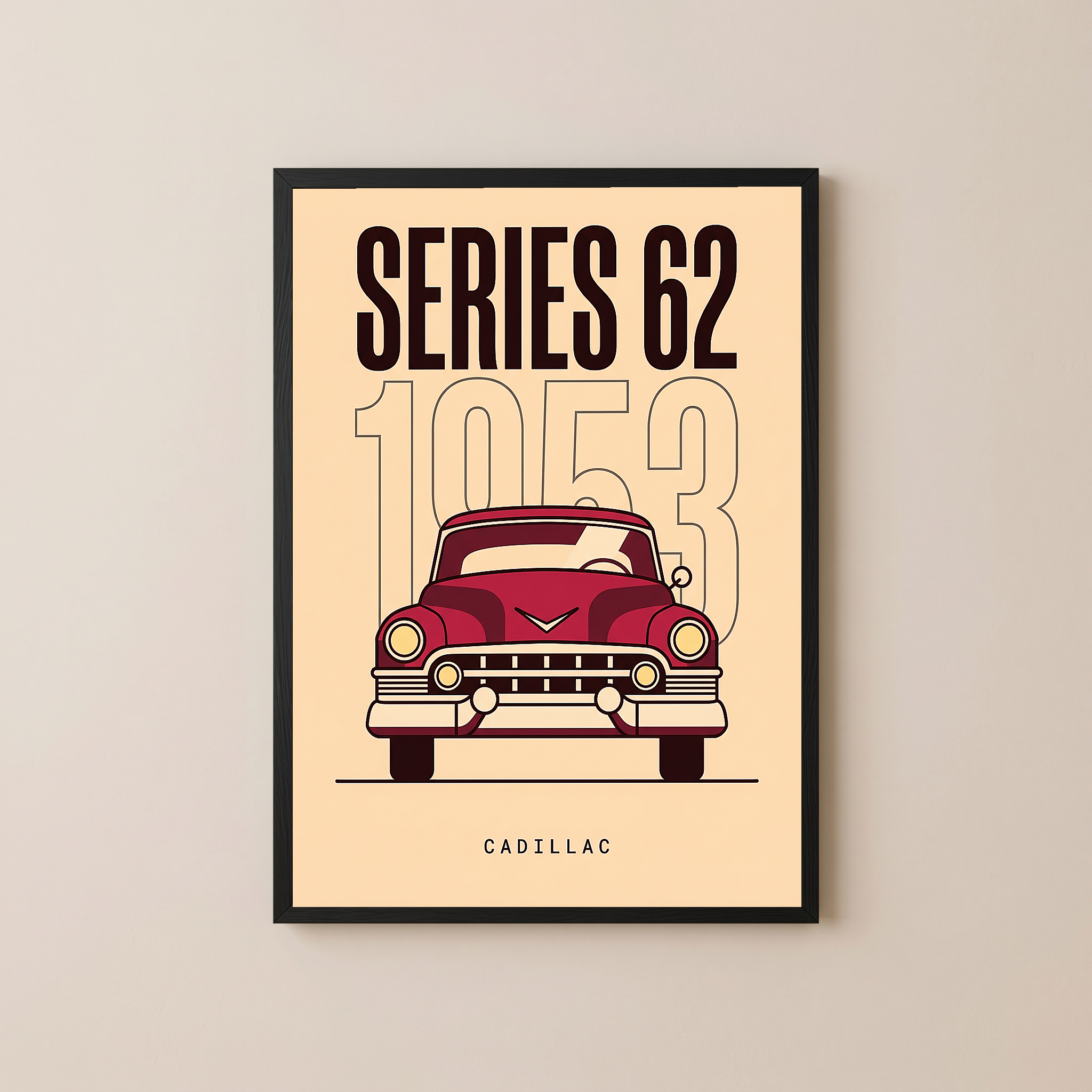 Cadillac Series 62 1953 Minimalist Poster — Cream Classic Car Line Art