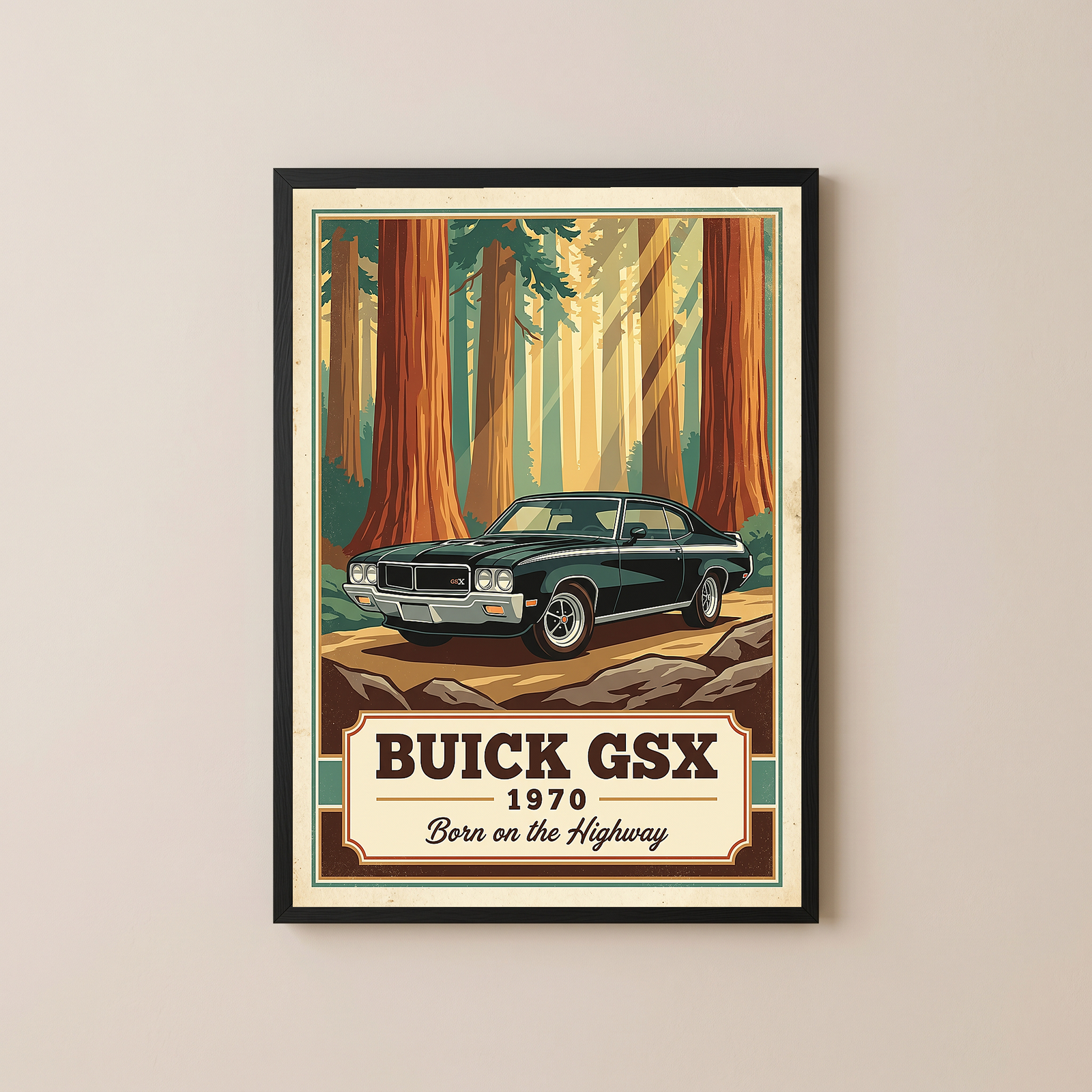 Buick GSX 1970 V2 Poster — Vintage Muscle Redwood Forest Light Beam Print