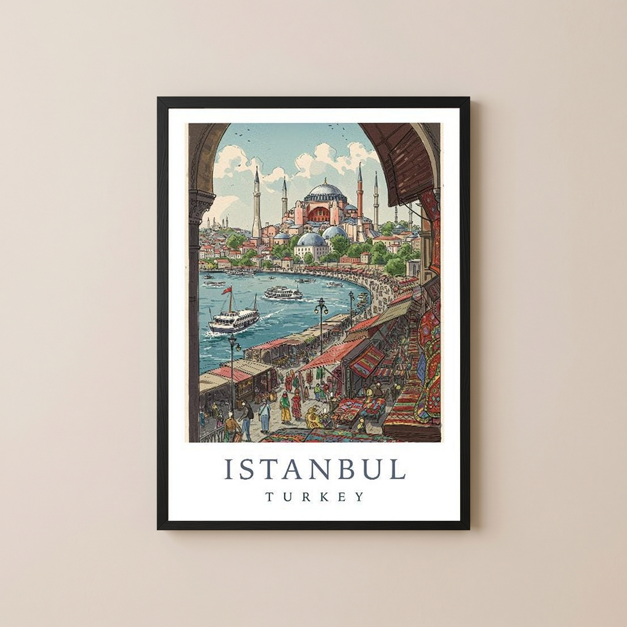 Istanbul Turkey Travel Poster — Hagia Sophia Bosphorus Bazaar Print