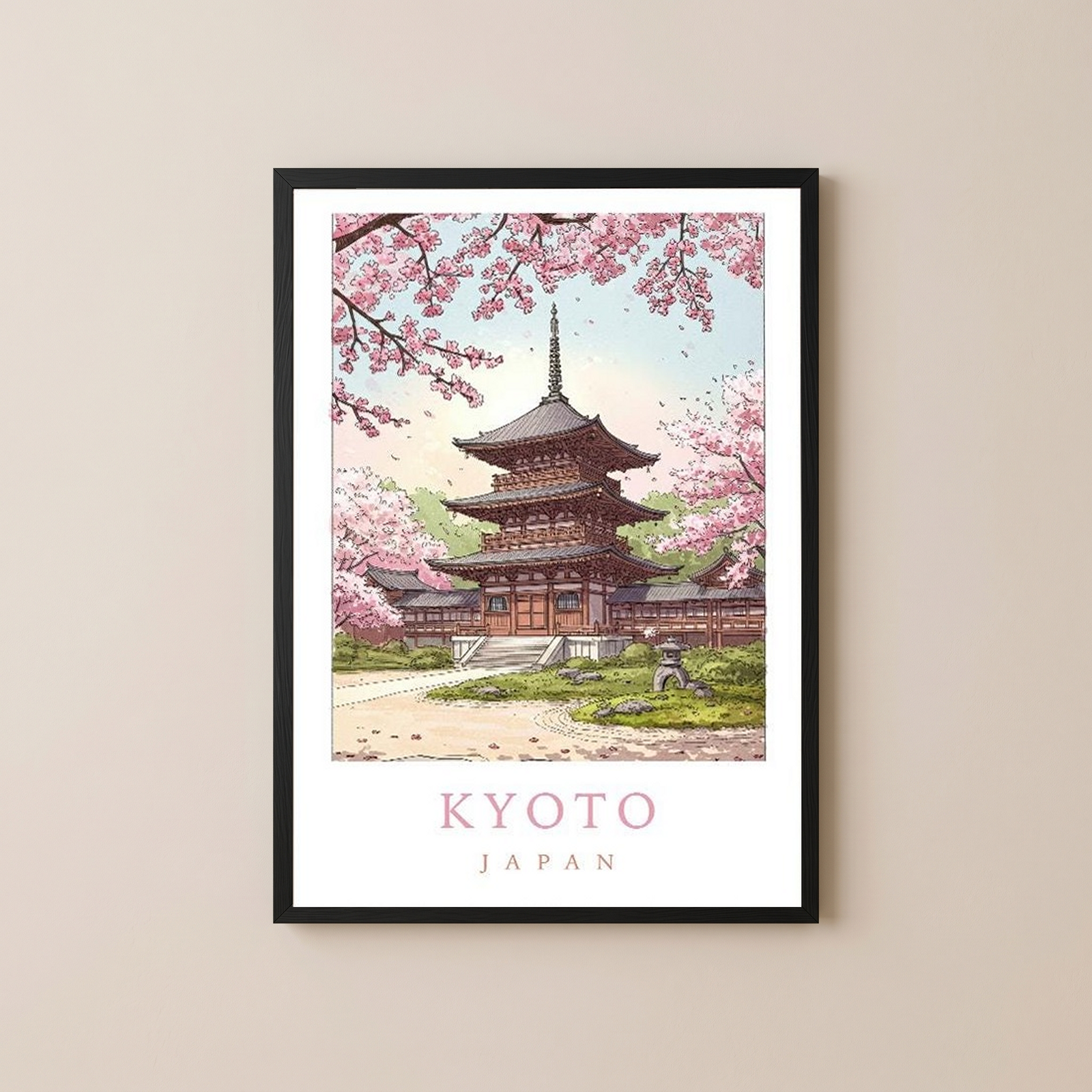 Kyoto Japan Travel Poster — Cherry Blossom Pagoda Temple Print