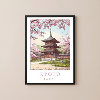 Kyoto Japan Travel Poster — Cherry Blossom Pagoda Temple Print