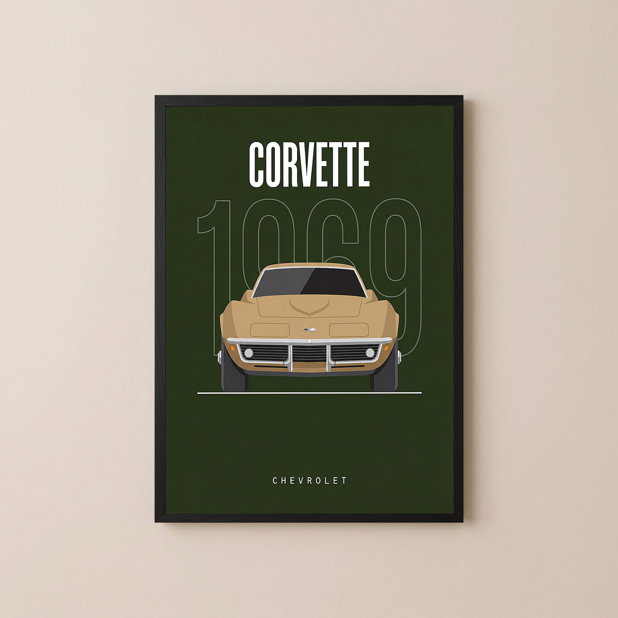 Chevrolet Corvette 1969 Minimalist Poster — Forest Green Muscle Car Line Art
