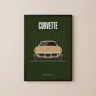 Chevrolet Corvette 1969 Minimalist Poster — Forest Green Muscle Car Line Art