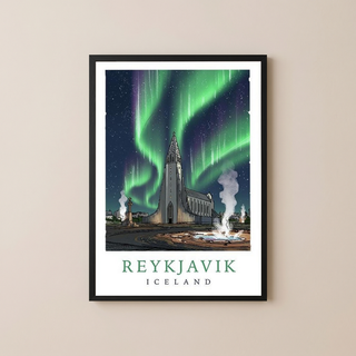 Reykjavik Iceland Travel Poster — Hallgrímskirkja Northern Lights Print