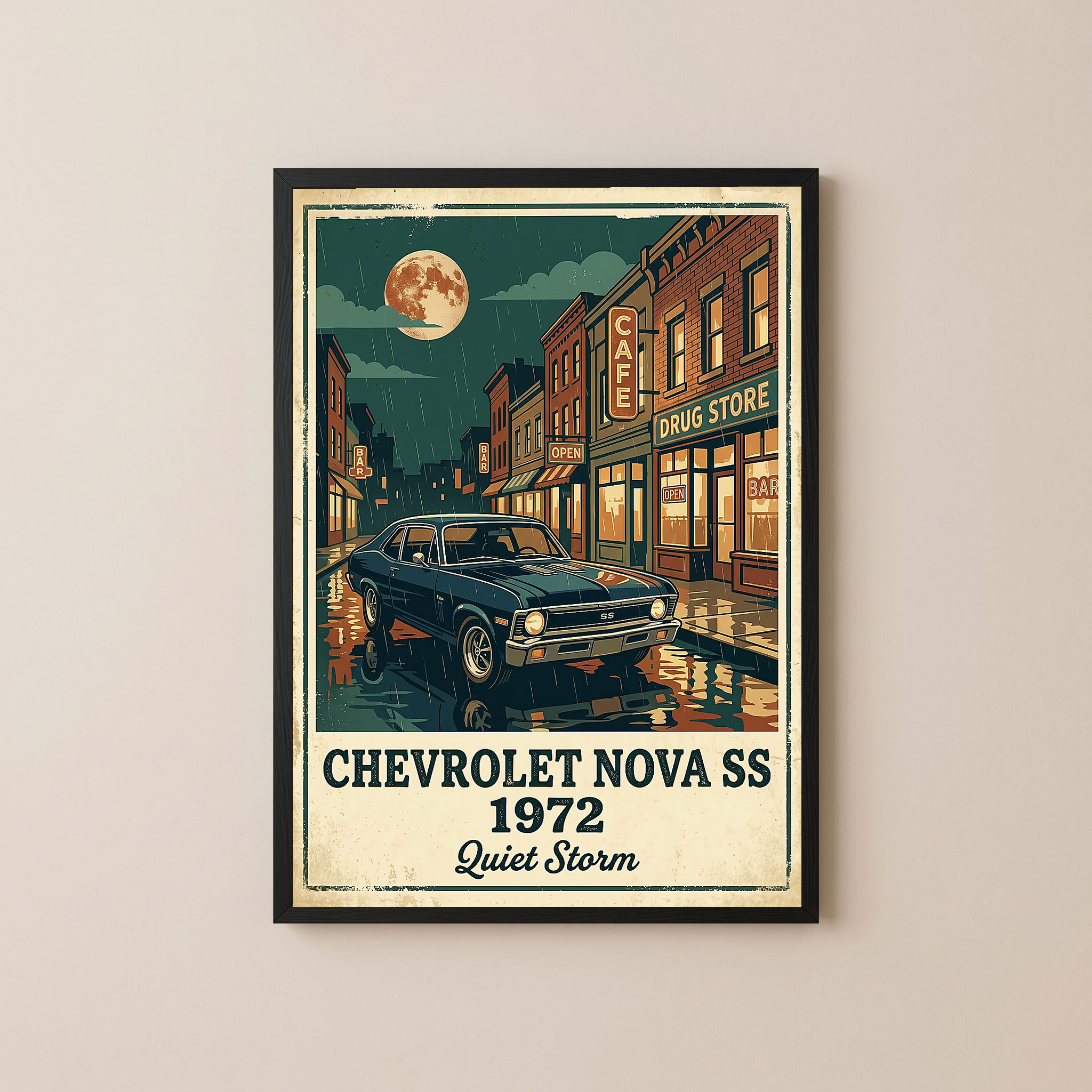 Chevrolet Nova SS 1972 Poster — Vintage Muscle Car Rainy Night Street Print