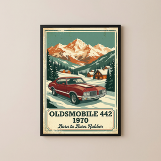 Oldsmobile 442 1970 V2 Poster — Vintage Muscle Winter Alpine Village Print