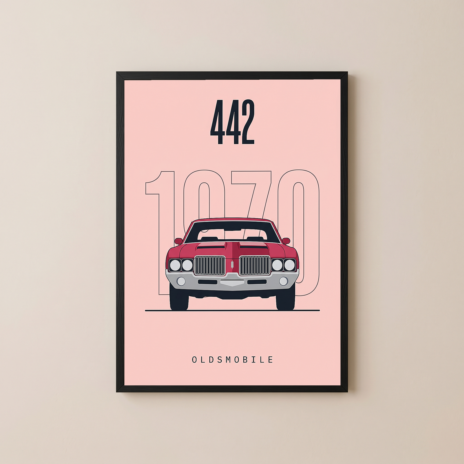 Oldsmobile 442 1970 Minimalist Poster — Blush Pink Muscle Car Line Art