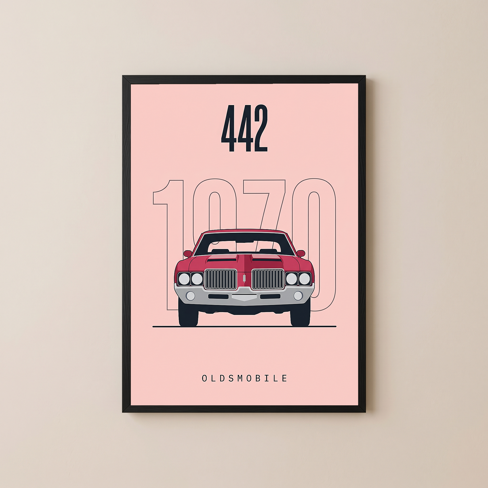 Oldsmobile 442 1970 Minimalist Poster — Blush Pink Muscle Car Line Art