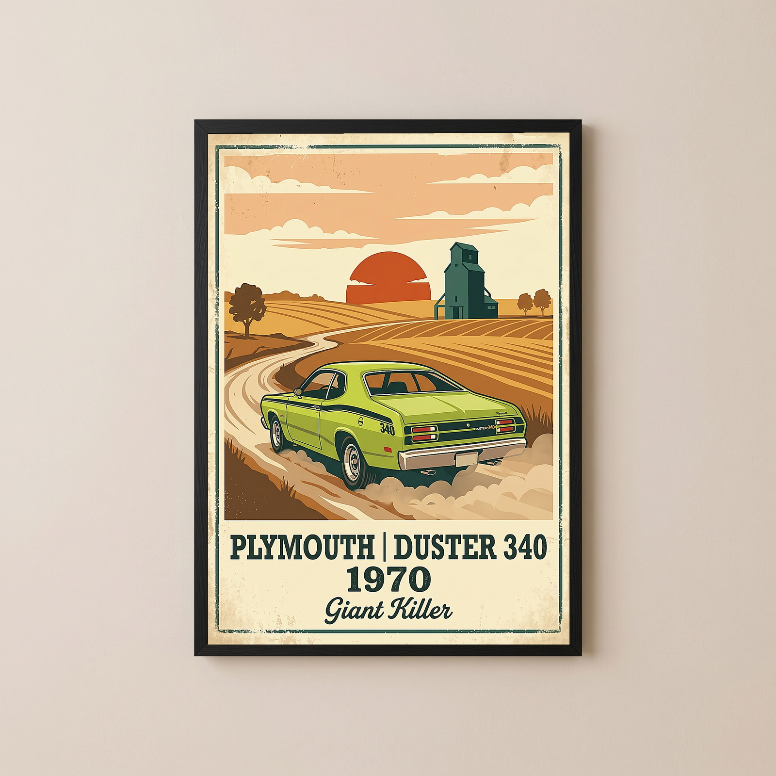 Plymouth Duster 340 1970 Poster — Vintage Muscle Car Country Wheat Print