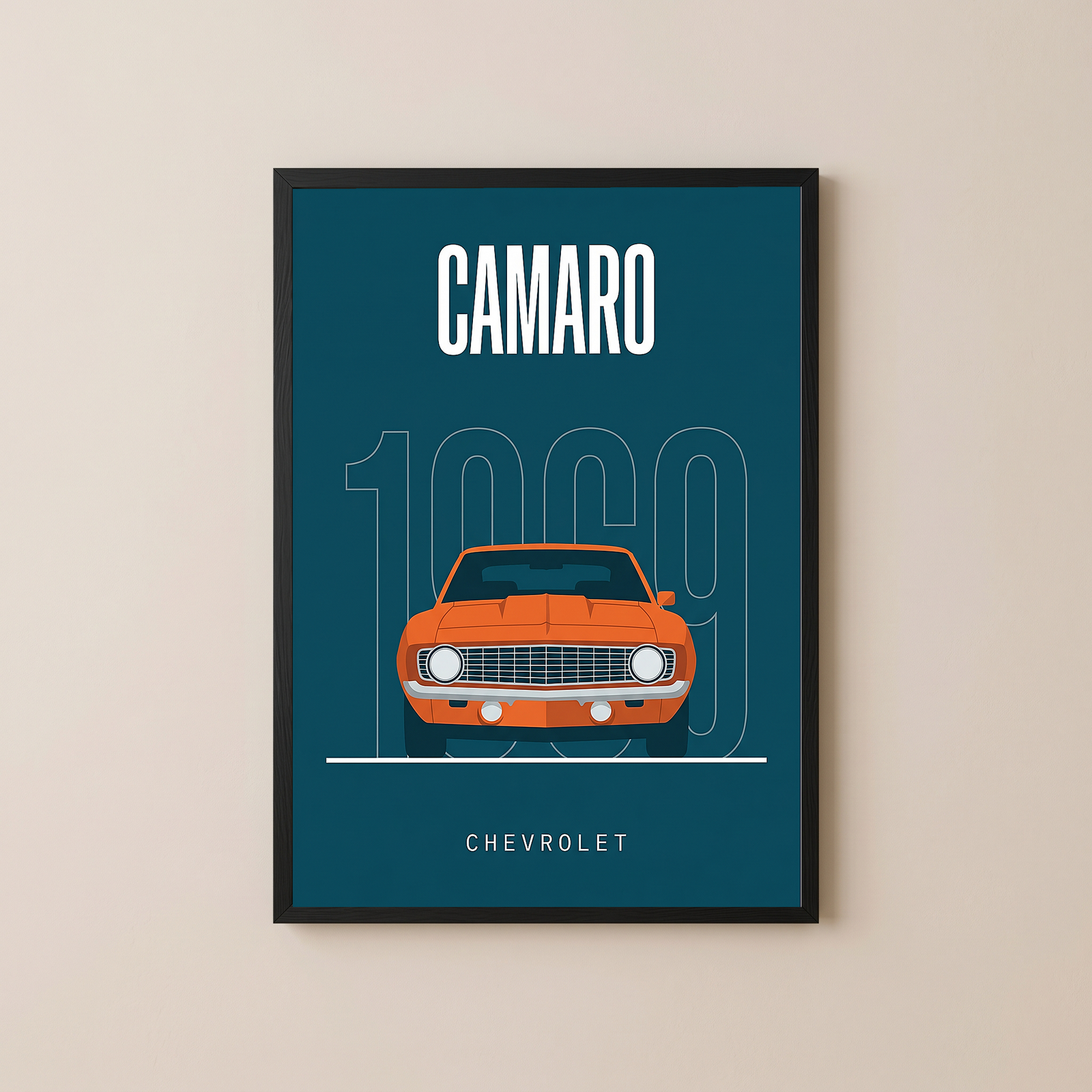 Chevrolet Camaro 1969 Minimalist Poster — Teal Muscle Car Line Art