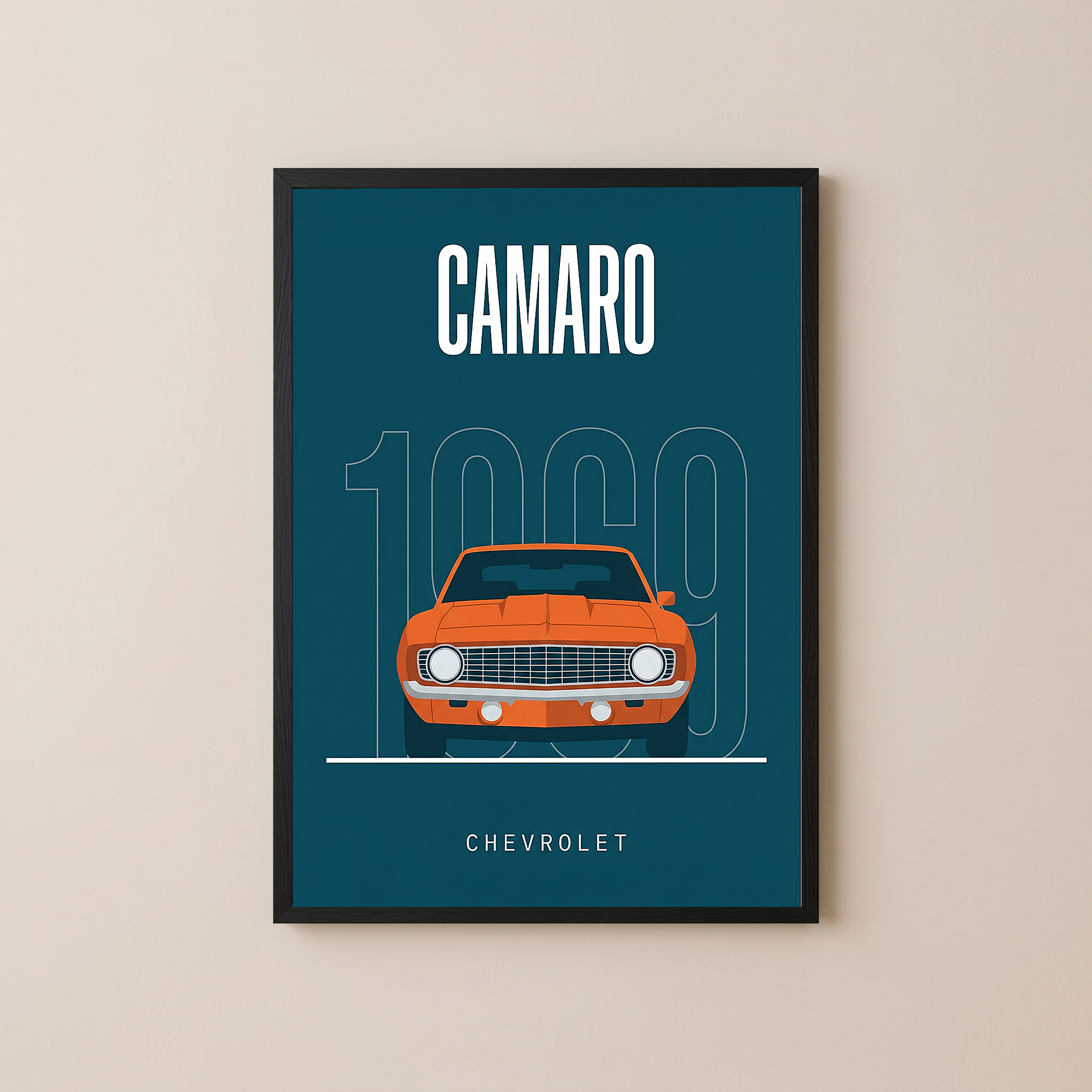 Chevrolet Camaro 1969 Minimalist Poster — Teal Muscle Car Line Art