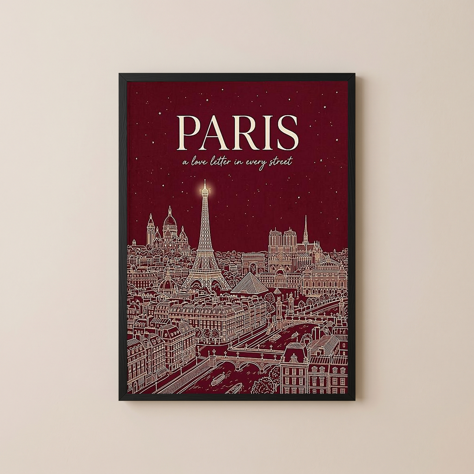Paris Line Art Print — Burgundy Eiffel Tower Skyline Wall Art