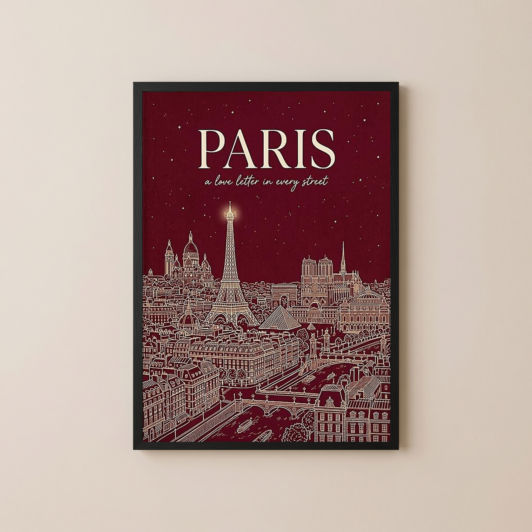 Paris Line Art Print — Burgundy Eiffel Tower Skyline Wall Art