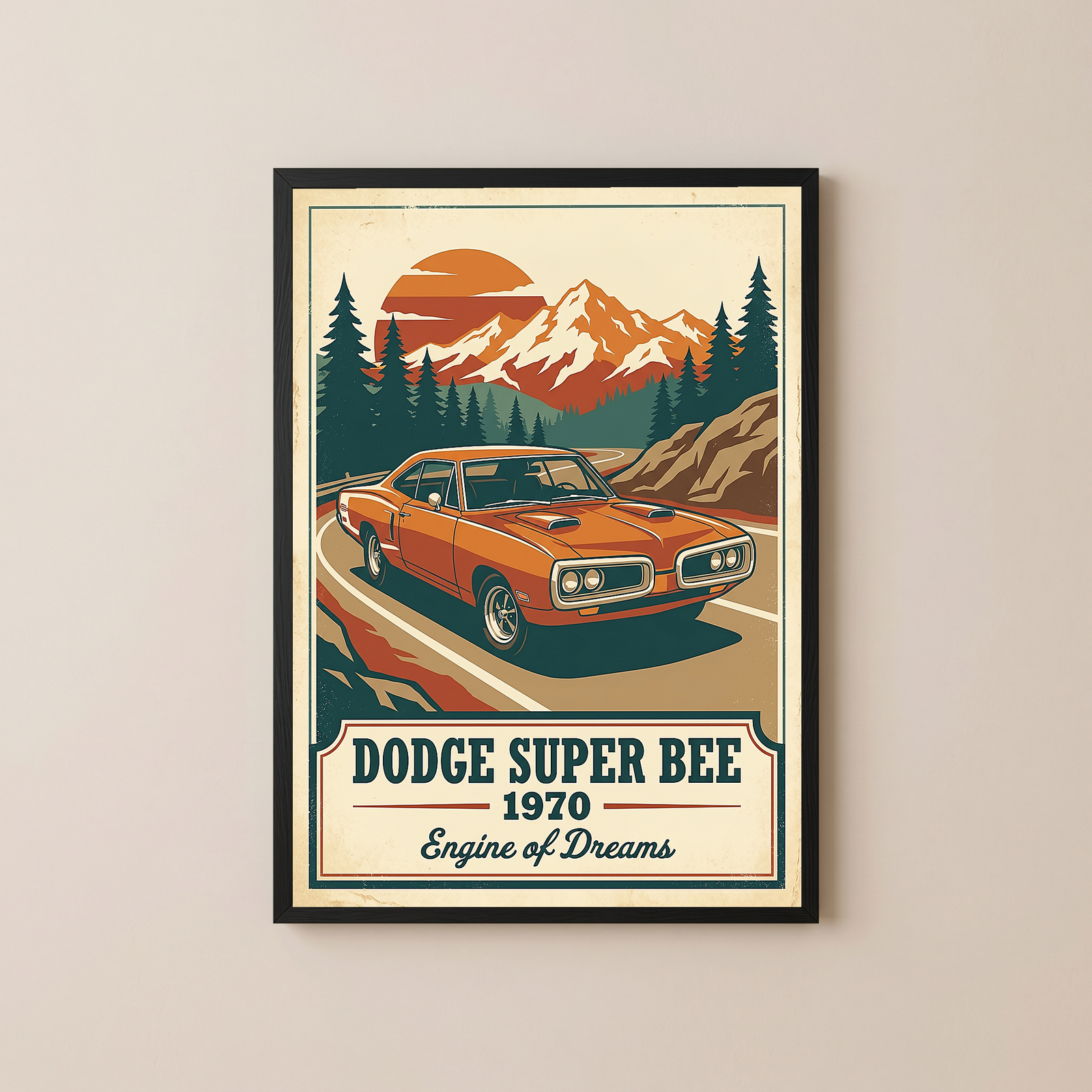 Dodge Super Bee 1970 V2 Poster — Vintage Muscle Mountain Pine Sunset Print