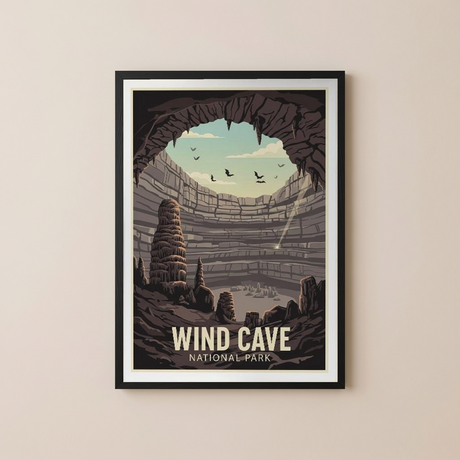 Wind Cave National Park Poster — Vintage South Dakota Cave Bat Print