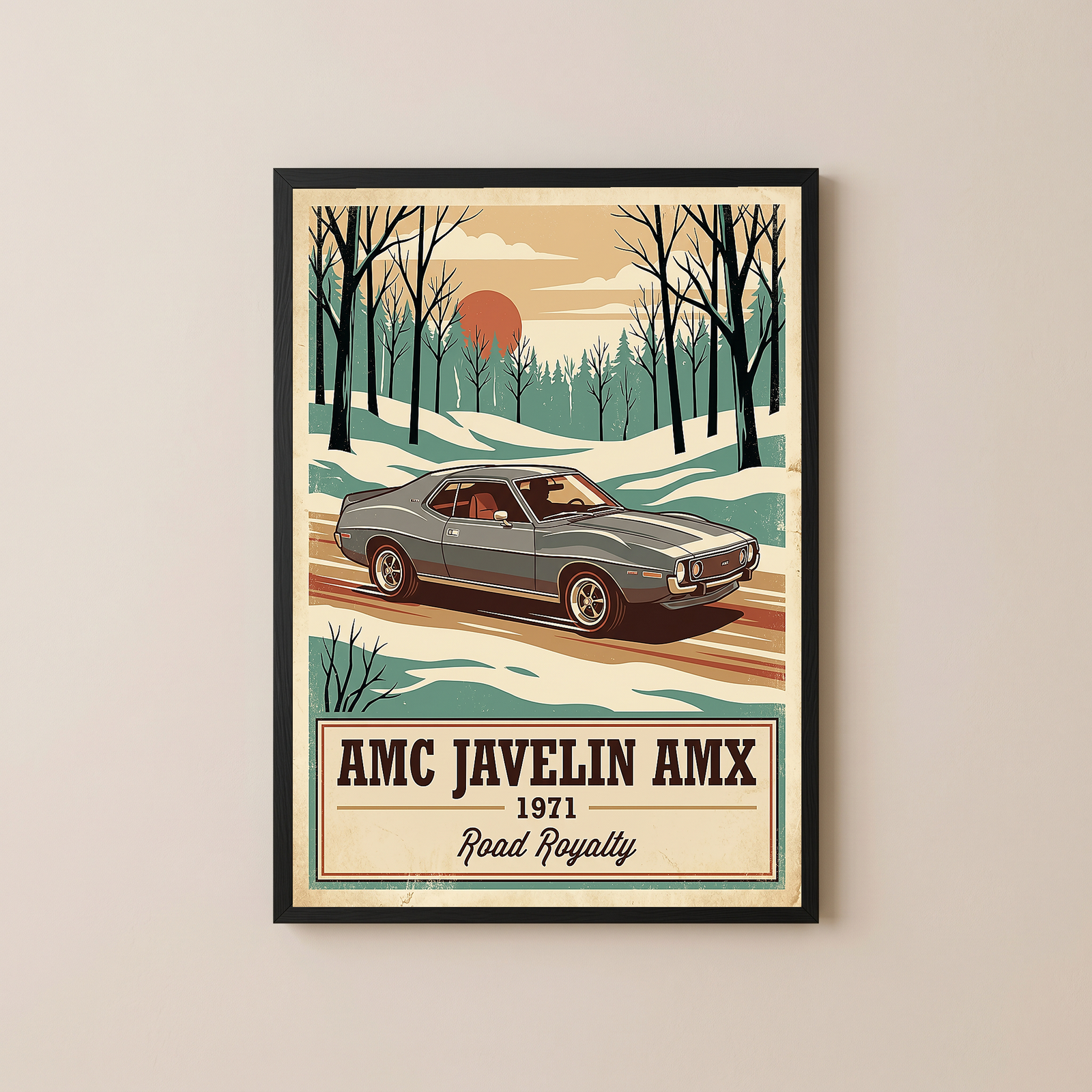 AMC Javelin AMX 1971 V2 Poster — Vintage Muscle Winter Snow Birch Forest Print