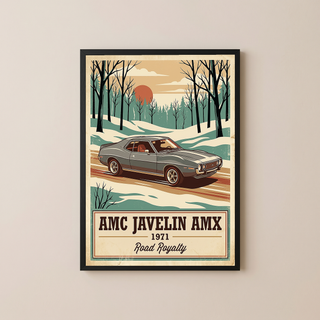 AMC Javelin AMX 1971 V2 Poster — Vintage Muscle Winter Snow Birch Forest Print