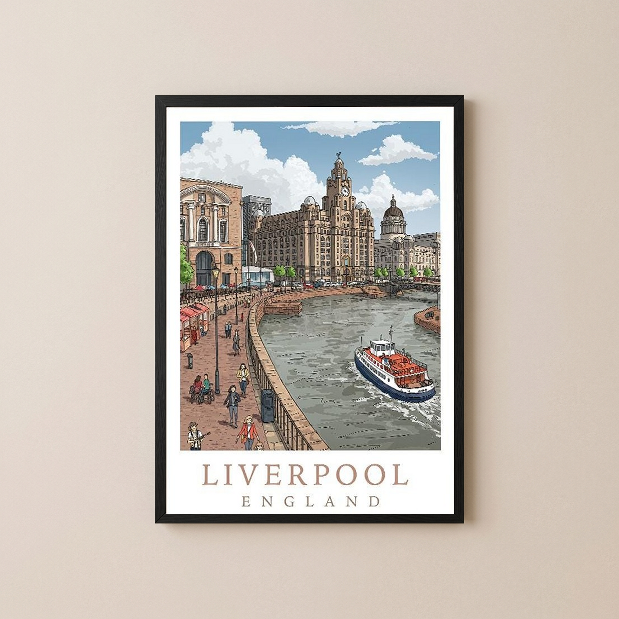 Liverpool England Travel Poster — Pier Head Liver Building Waterfront Print