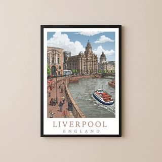 Liverpool England Travel Poster — Pier Head Liver Building Waterfront Print