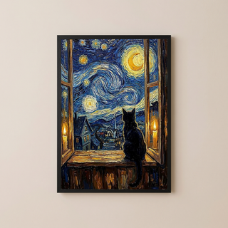 Black Cat Window Print — Van Gogh Starry Night Cozy Cottage Wall Art
