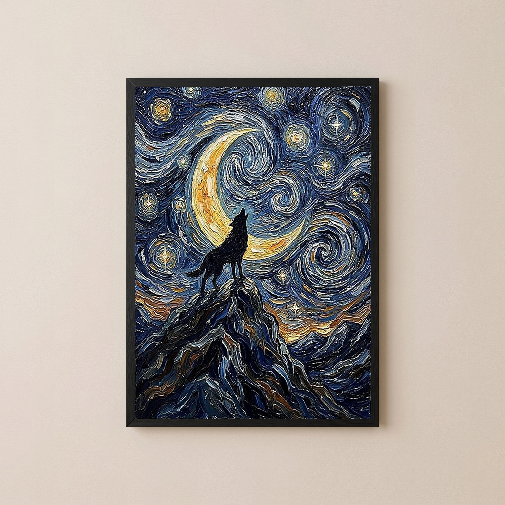 Black Wolf Howling Crescent Moon Print — Van Gogh-Style Mountain Wall Art