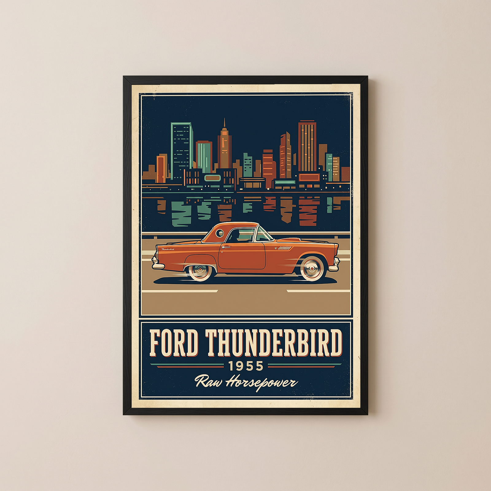 Ford Thunderbird 1955 Poster — Vintage Two-Seater Convertible City Skyline Print