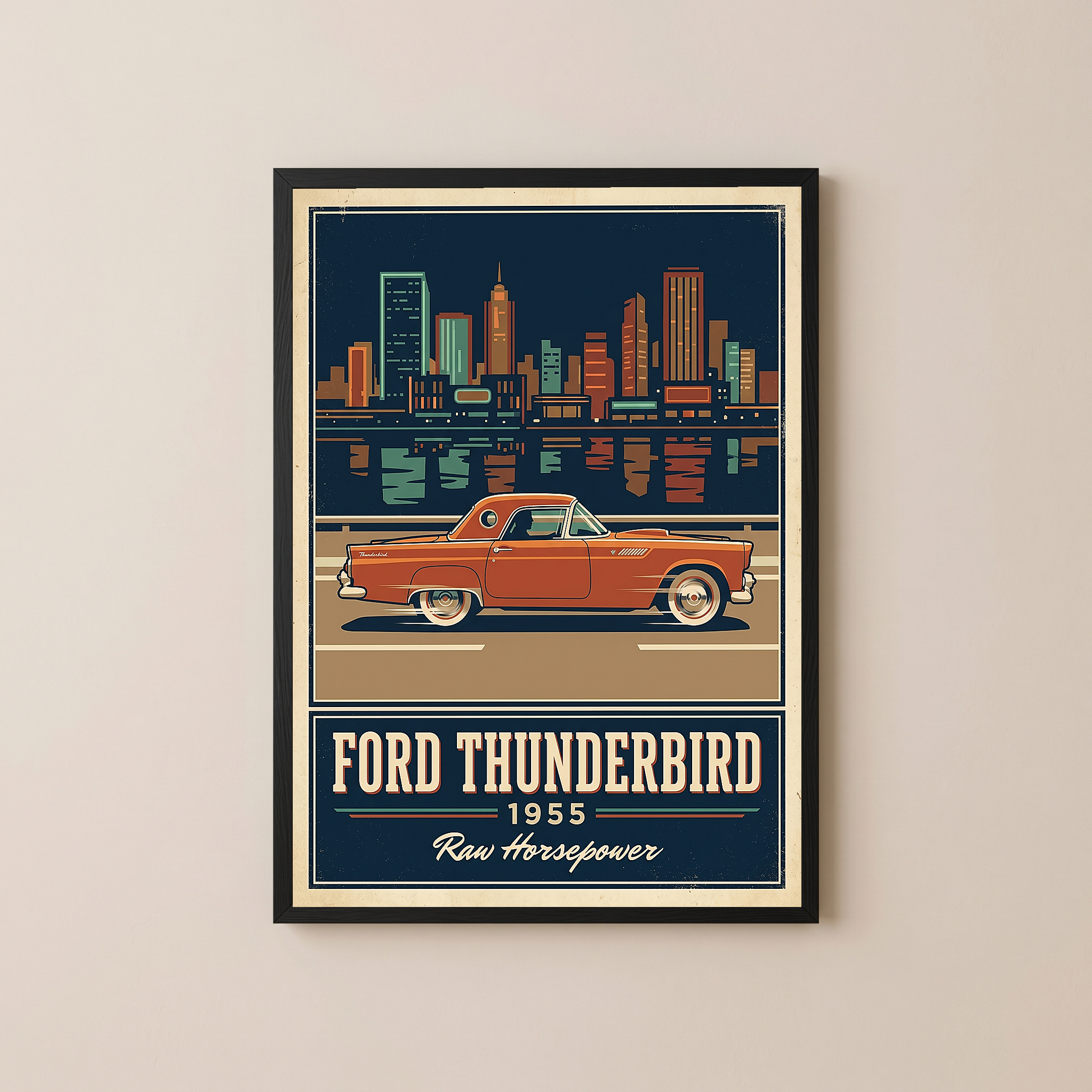 Ford Thunderbird 1955 Poster — Vintage Two-Seater Convertible City Skyline Print