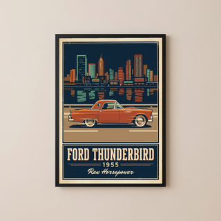 Ford Thunderbird 1955 Poster — Vintage Two-Seater Convertible City Skyline Print